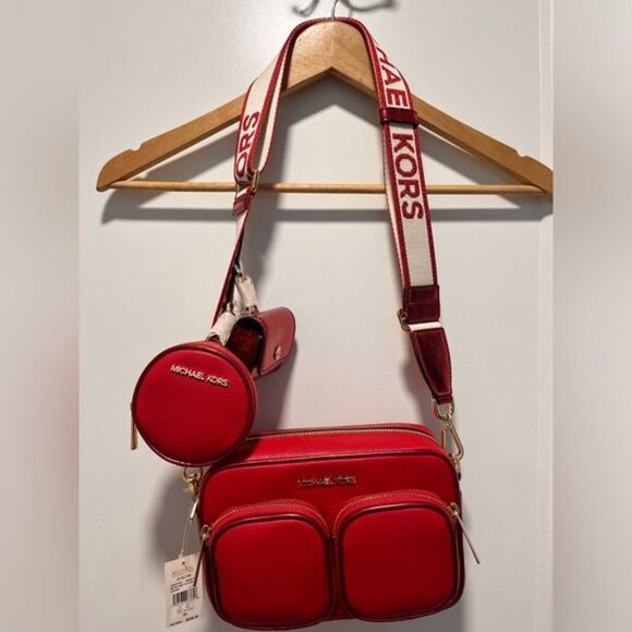 MICHAEL Kors Jet Set Medium Leather Crossbody Bag with‎ Case Red